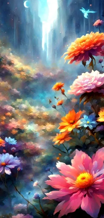 Colorful mystical floral fantasy mobile wallpaper with vivid hues.