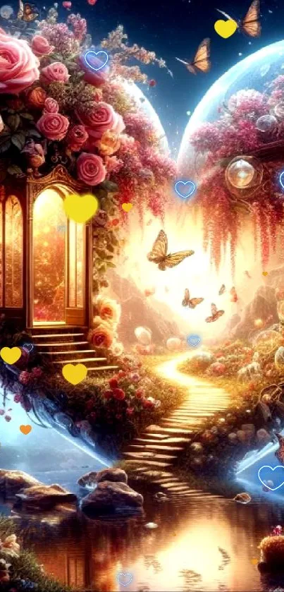 Fantasy landscape with flowers and butterflies in vibrant colors.