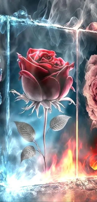 Fantasy roses in fire and ice design on wallpaper.