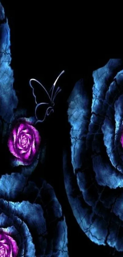 Mystical blue roses with glowing butterfly on dark background.