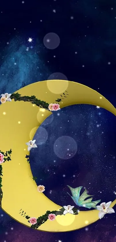 Floral crescent moon with cosmic sky background.