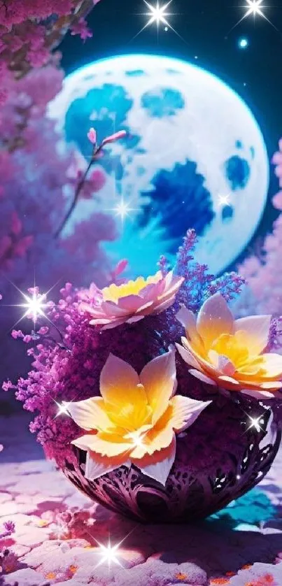 Mystical moonlit scene with vibrant flowers in purple hues.