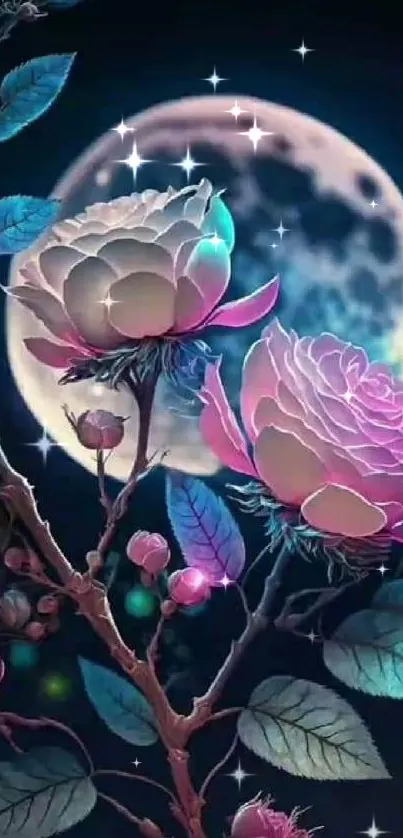 Ethereal roses against a moonlit background on dark mobile wallpaper.