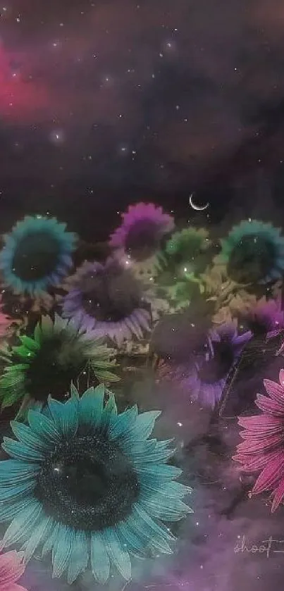 Mystical night wallpaper with vibrant flowers and cosmic background.