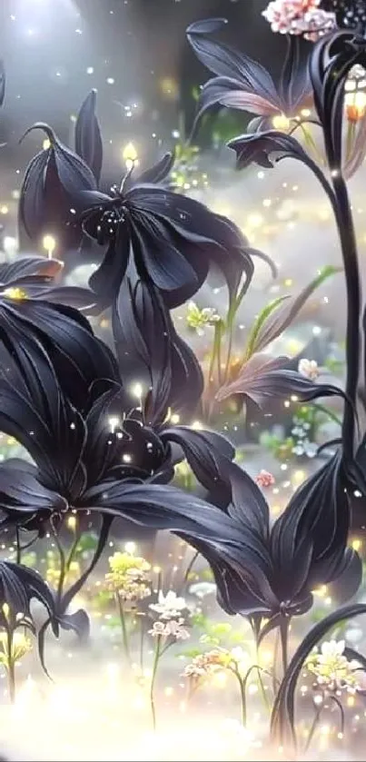 Ethereal night scene with mystical black flowers.