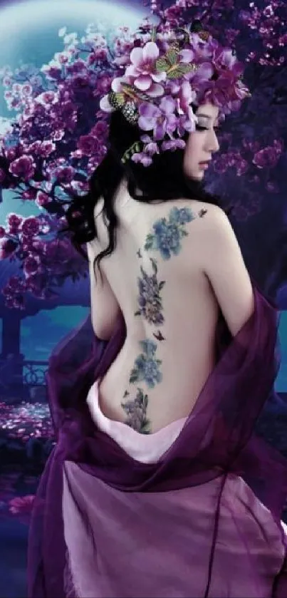 Woman with floral tattoo surrounded by purple flowers under moonlight.
