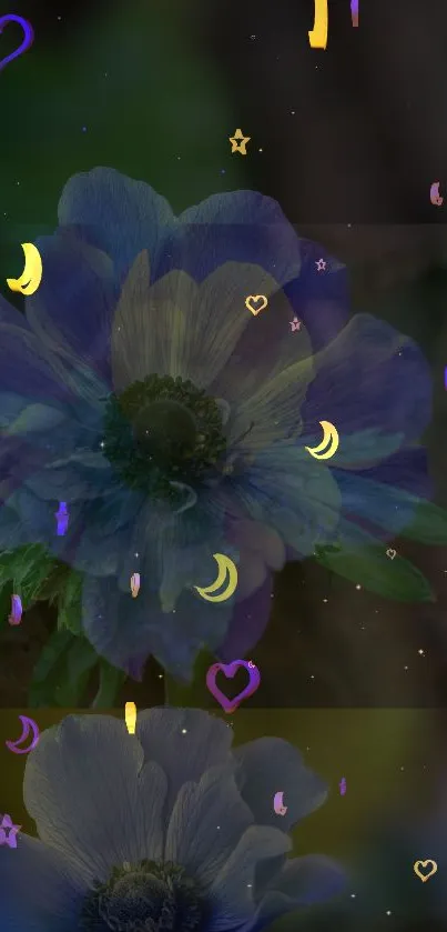 Mystical night wallpaper with blue flower and celestial symbols.