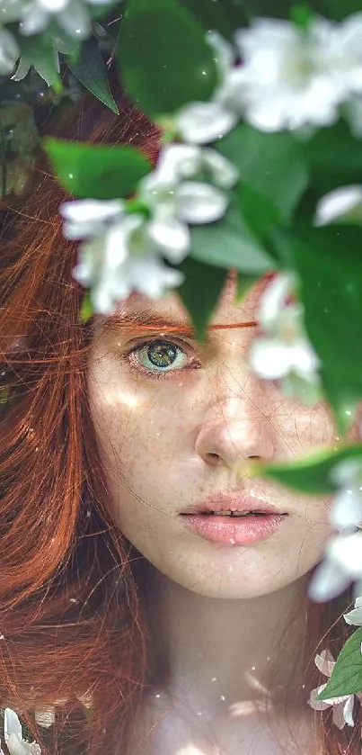 Woman surrounded by lush green leaves and white flowers in a mystical portrait.