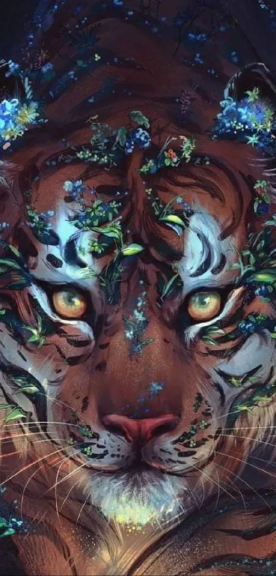 Intricate tiger artwork with floral accents and dark tones.