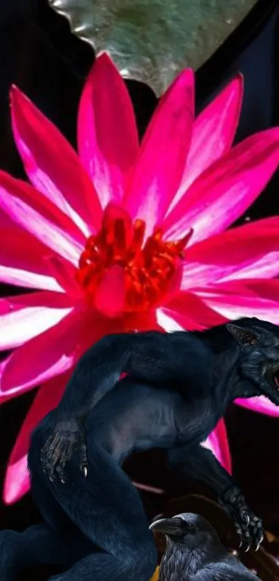 Pink flower with mystical creature on mobile wallpaper.