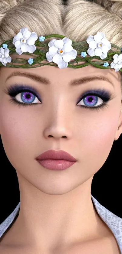 Fantasy figure with flower crown and violet eyes on wallpaper.