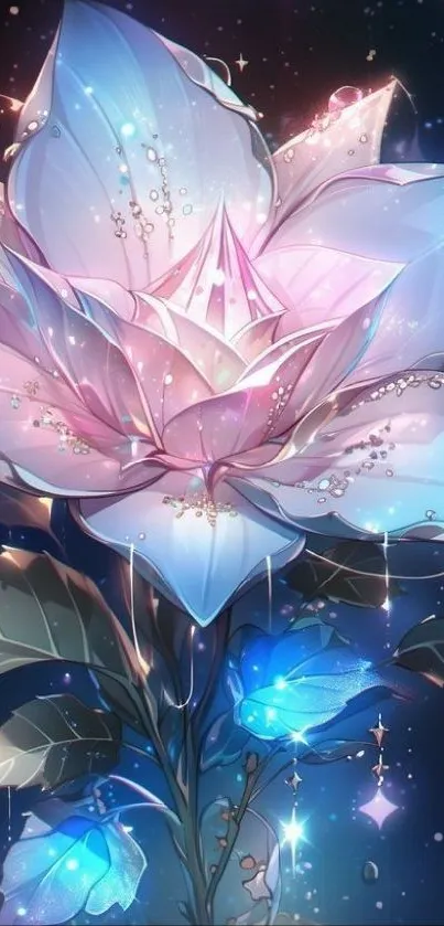 Mystical flower with glowing petals and sparkling effects over a dark blue background.