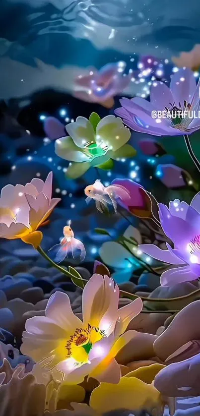 Glowing mystical flowers in vibrant blue fantasy art wallpaper.