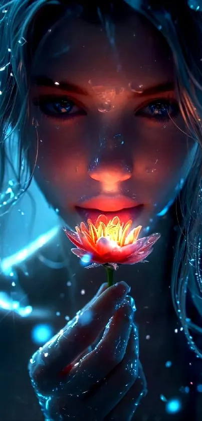 A mystical scene with a glowing flower and a mysterious figure in a blue background.