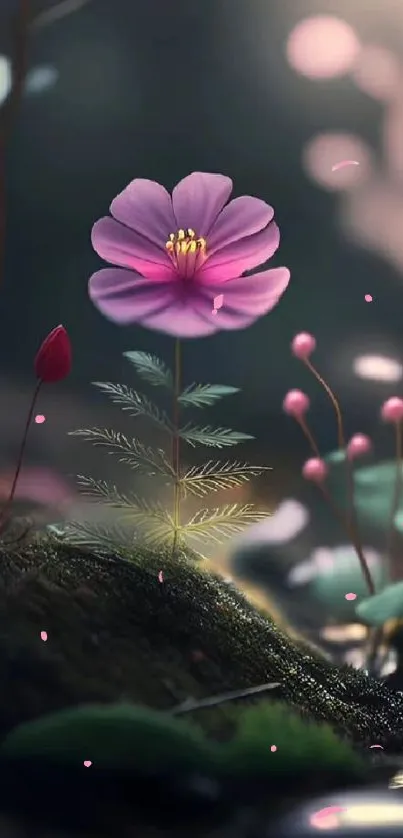 Mystical pink flower on forest floor, lush greenery.