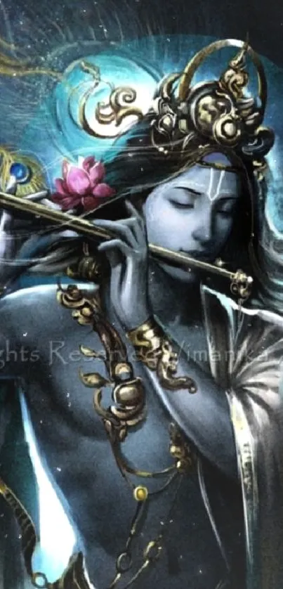 Lord Krishna playing flute in divine blue art.