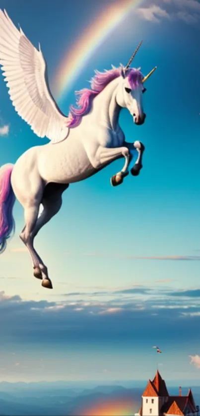 Majestic unicorn flying in rainbow-lit sky.