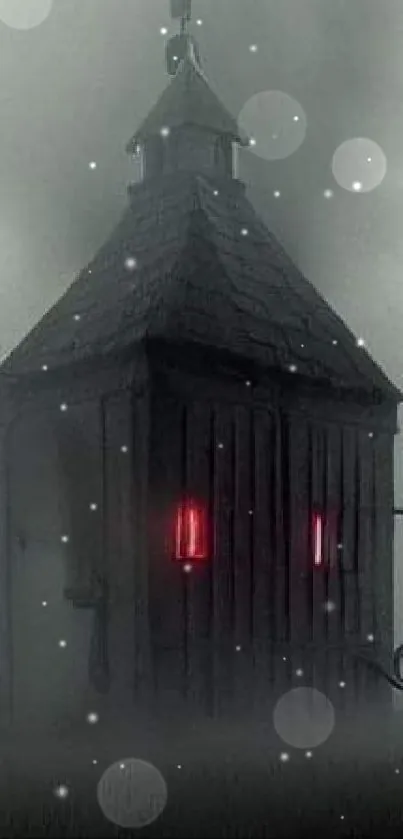 Foggy house in dark mist with illuminated windows.