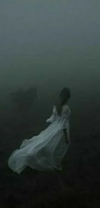 Ethereal foggy night with figure in white dress under moonlight.