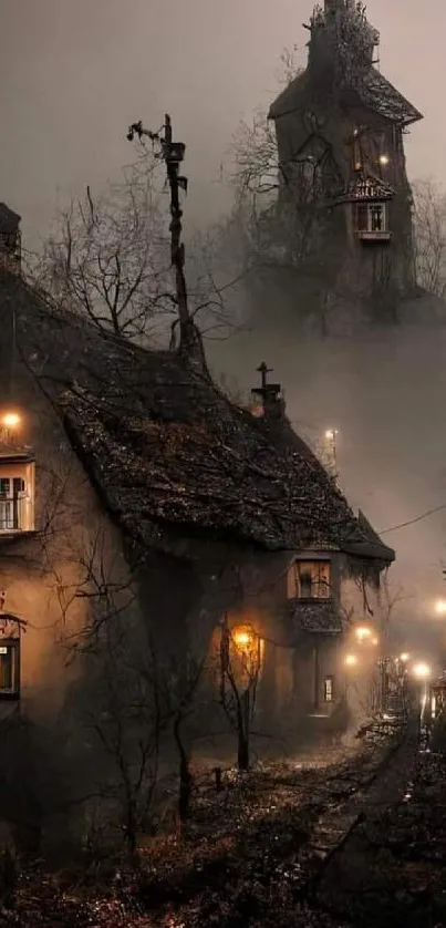 Foggy village scene with glowing lanterns and Gothic houses at night.