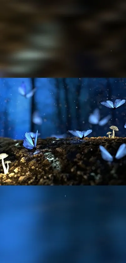 Mystical forest with ethereal blue butterflies and glowing mushrooms.