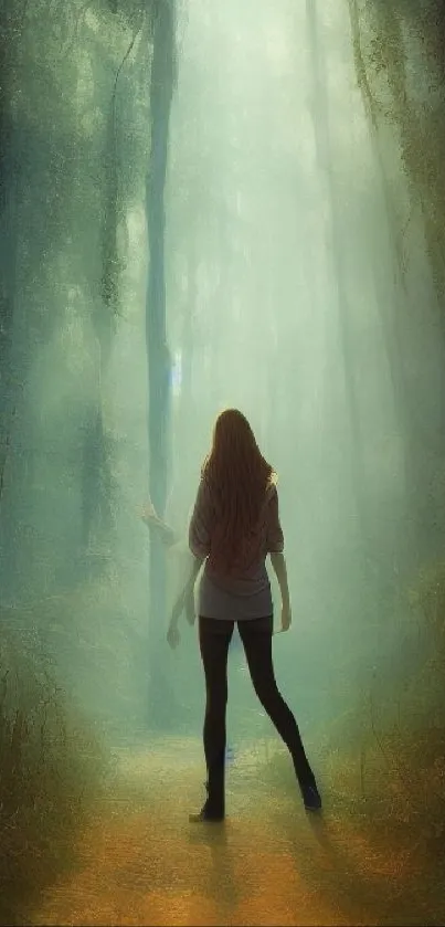 Mystical forest wallpaper with a lone figure and ethereal light rays.