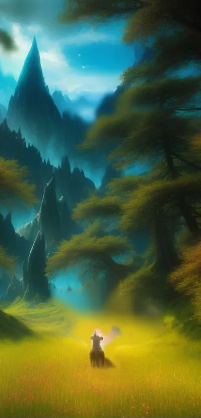 A mystical forest wallpaper with towering trees and mountains.