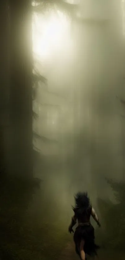 A lone figure in dark clothing ventures into a mystical, foggy forest.