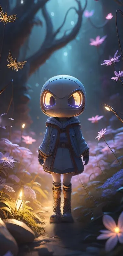 Cute character in mystical forest scene with glowing flowers.