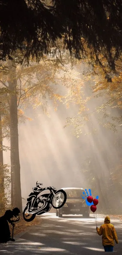 Mystical forest path with van and artistic elements under autumn light.