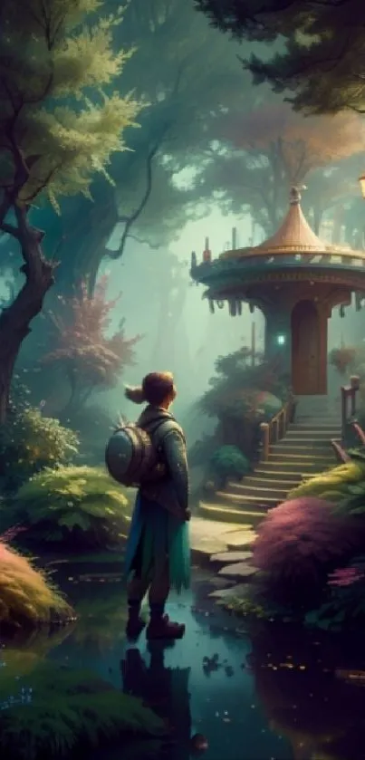 Fantasy forest path with a pagoda, surrounded by vibrant foliage and ethereal light.