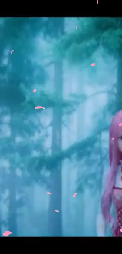 Anime girl with pink hair in a mystical forest setting, with floating petals.