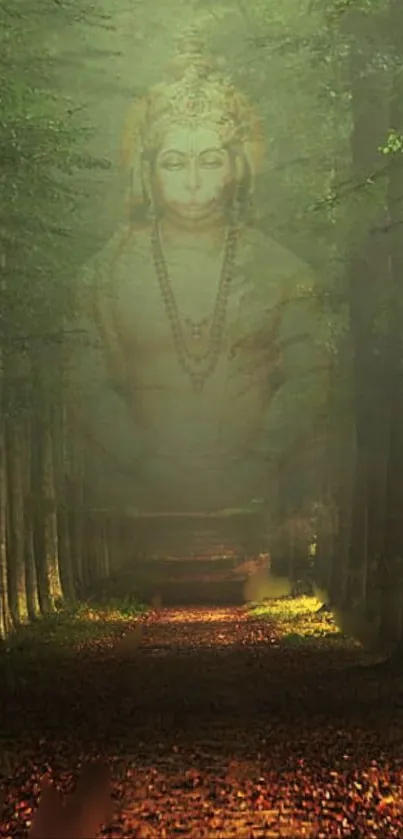 Serene deity in a mystical, dark green forest.