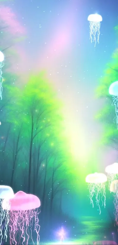 Mystical forest with vibrant aurora glow scenery.