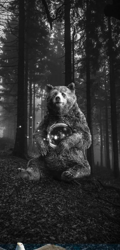 Mystical bear in dark forest with glowing orb.