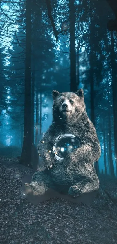 Bear holding orb in mystical forest with teal ambiance.