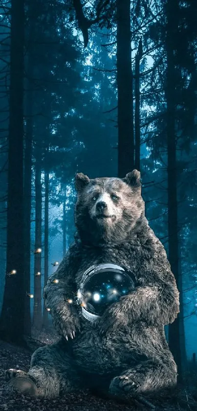 Mystical bear with globe in a teal blue forest setting.