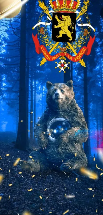 Bear with crystal ball in mystical blue forest with celestial symbols.