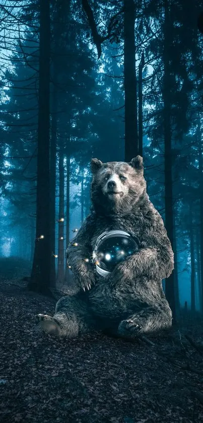 Bear with glowing orb in a mystical blue forest setting.