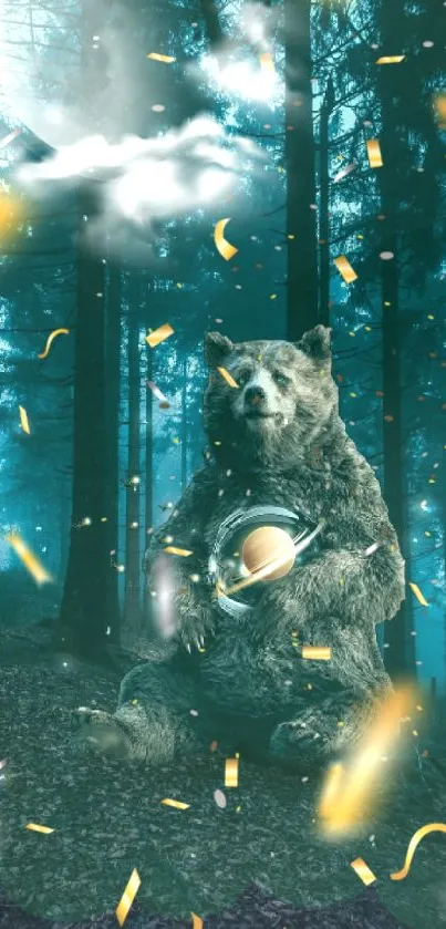 Magical bear in mystical forest with glowing elements.