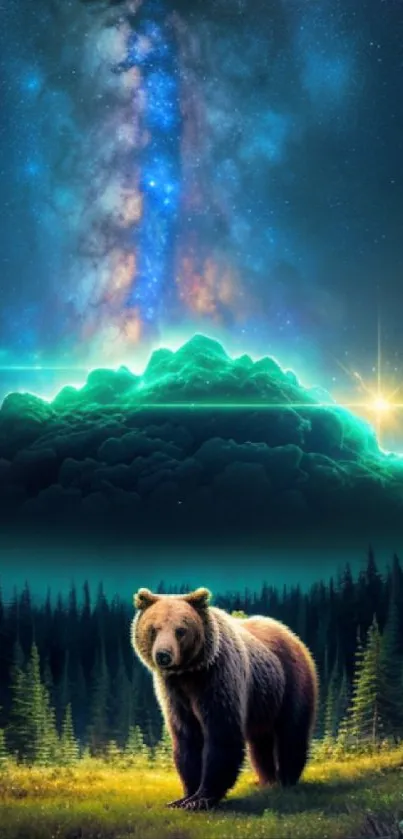 Bear in a mystical forest under cosmic lights and a starry sky.