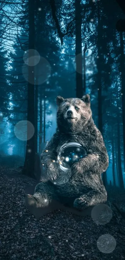 Mystical bear holding a glowing orb in a dark forest.