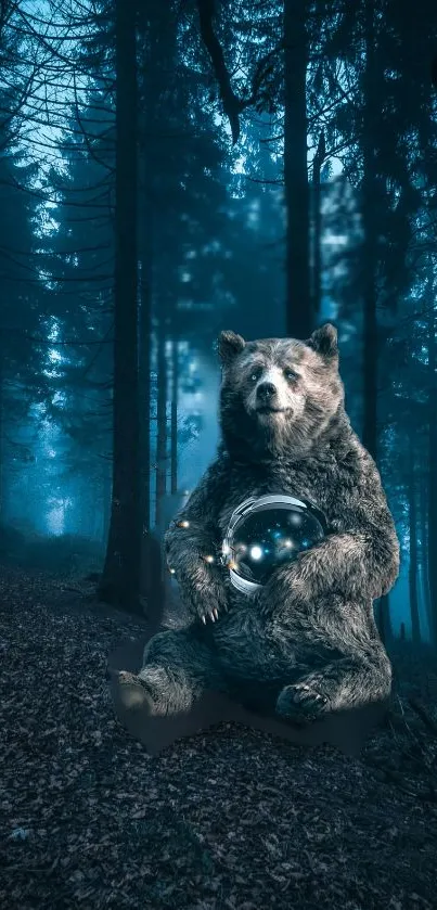 Mystical bear with orb in a dark forest setting.