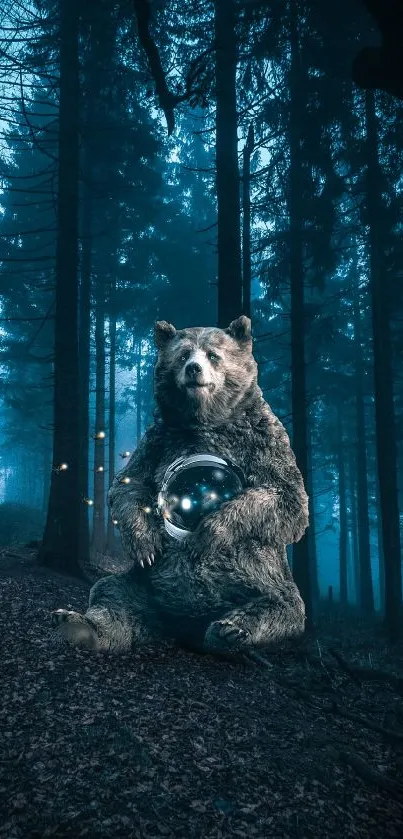 Bear in mystical forest holding a glowing orb, surrounded by tall trees at night.