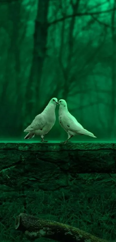 Two birds in an emerald green forest, creating a mystical atmosphere.