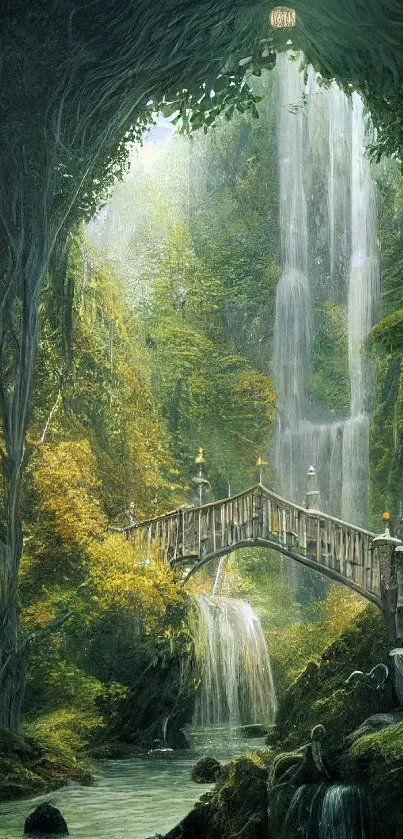 Mystical forest with bridge and waterfall.