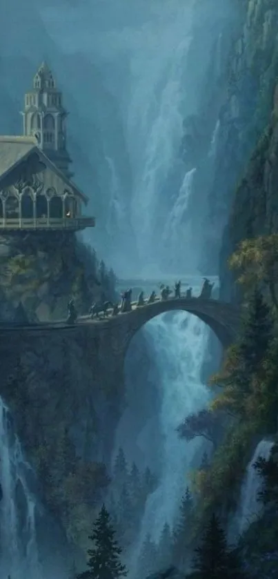 Mystical landscape with bridge and waterfalls.