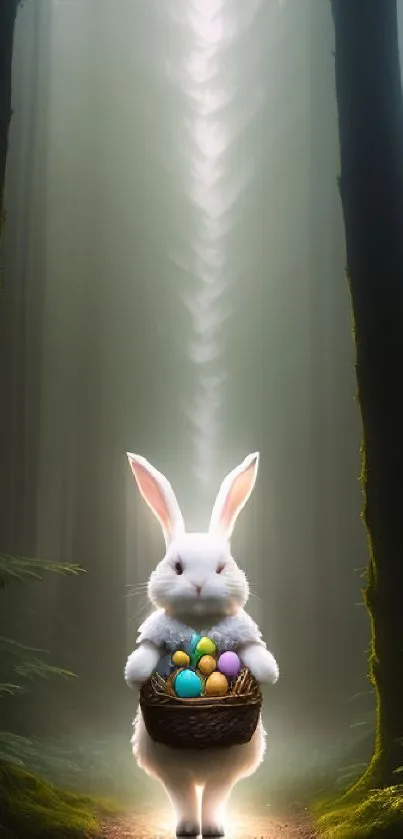 A white bunny with eggs in a magical forest.