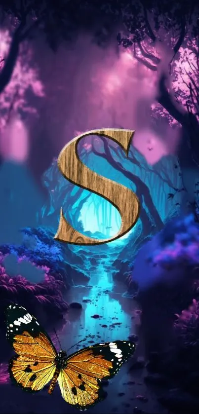 Mystical forest with butterfly and letter S