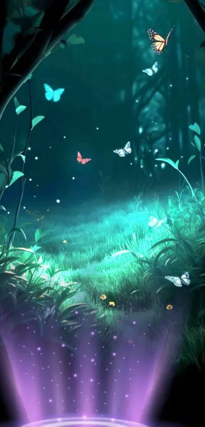 Mystical forest with glowing butterflies and a magical teal ambiance.